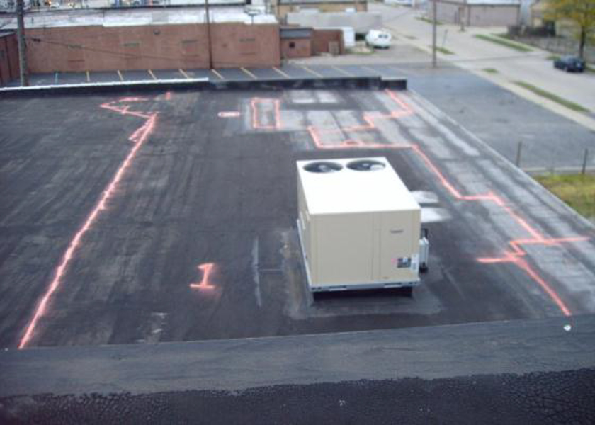 Elevated view of an infrared roof scan of a commercial building.