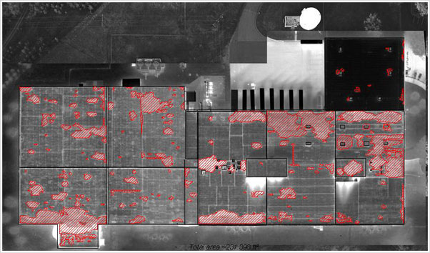 Infrared image showing moisture moisture leaks in a building roof