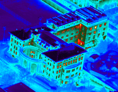 Aerial infrared survey of a commercial building showing energy efficiency